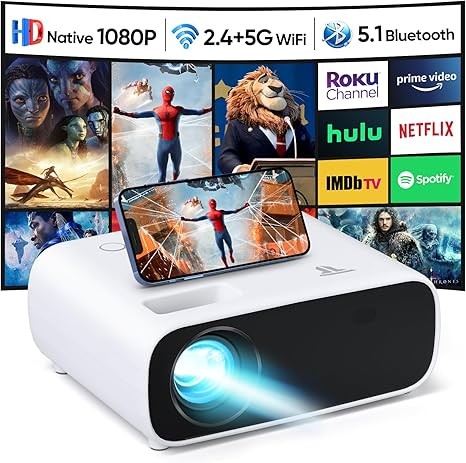 Projector with WiFi and Bluetooth, 18000 Lumens Native 1080P Projector, Portable Outdoor Projector, Movie Mini Projector Compatible with iOS/Android/HDMI/TV Stick
